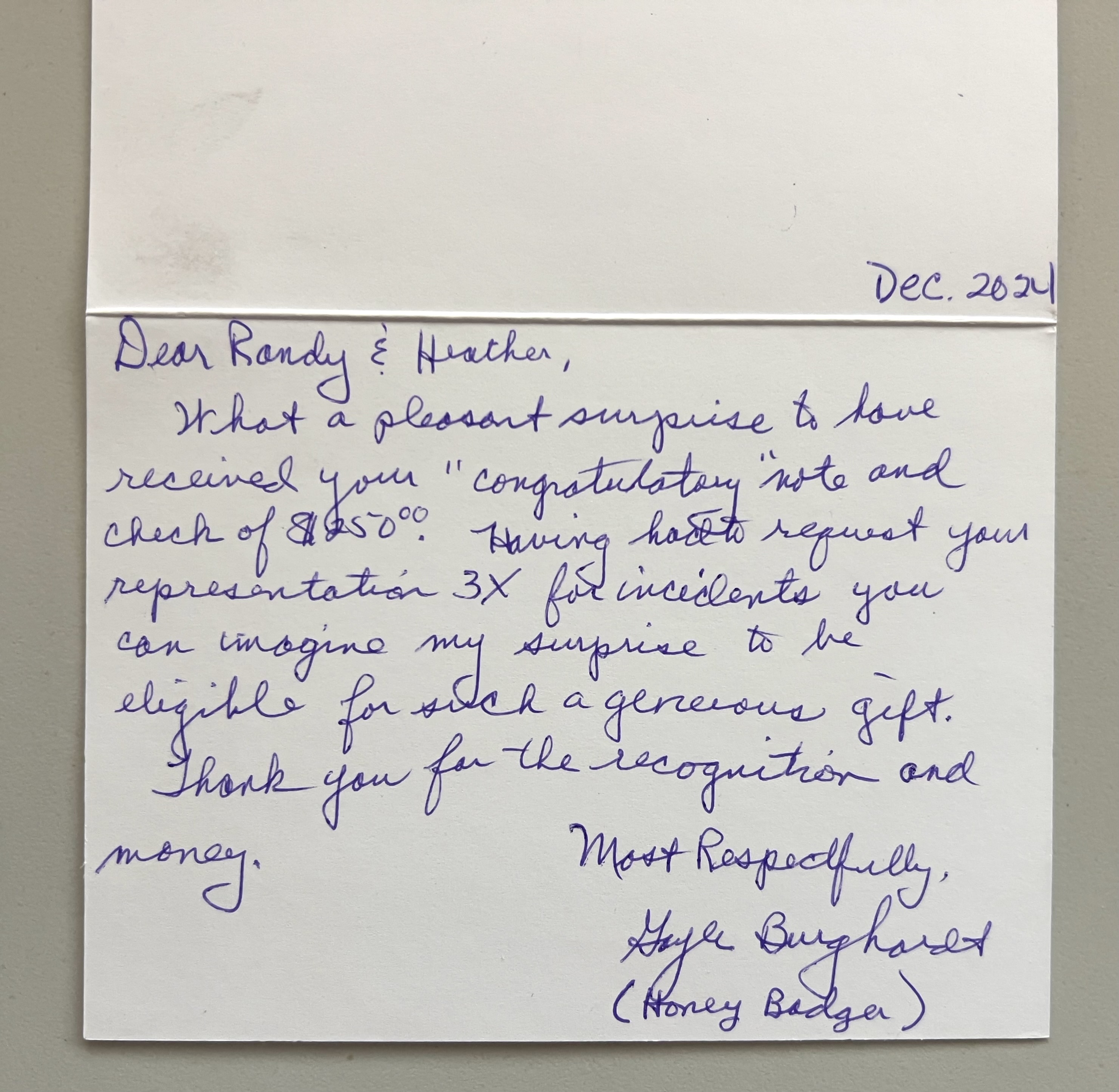 Written card from recently retired COMBO member